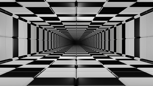 无尽的黑白方格隧道3d渲染插画