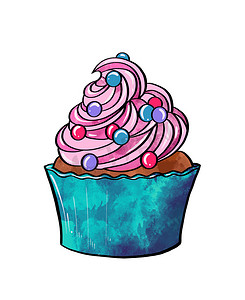 糖果彩色图画的插图：棕色纸杯蛋糕，配上粉红色丁香奶油，并在白色孤立的背景上装饰着不同颜色的药丸