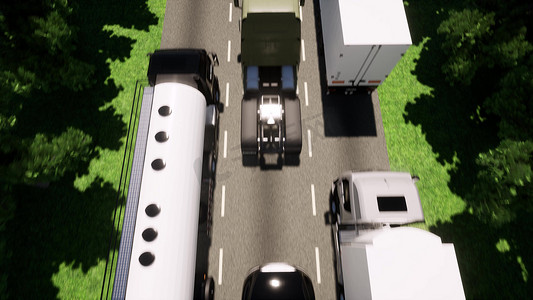 汽车卡车交通堵塞无人驾驶车辆自主自动驾驶仪无人机鸟瞰图 3d 渲染