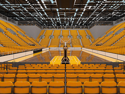 美丽的现代篮球运动场，配有黄色座位和 VIP 包厢