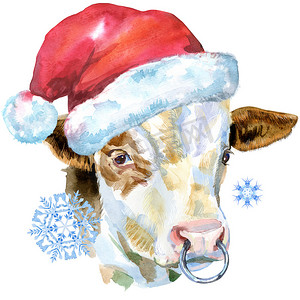 戴帽子的奶牛摄影照片_戴着圣诞老人帽子的白牛的水彩插图