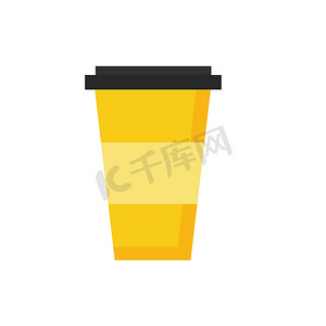 带有纸杯的平面图标，用于咖啡、卡布奇诺或茶，白色为黄色