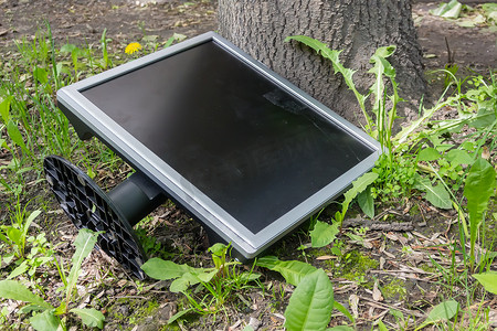 一个有故障的监视器躺在街上草地上的一棵树下