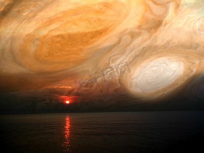在海和木星背景的日落