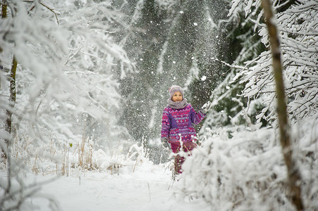 紫色衣服的女孩摄影照片_冬天，一个穿着紫色衣服的小女孩穿过白雪覆盖的森林