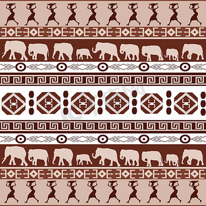 非洲图案与非洲妇女和大象的剪影