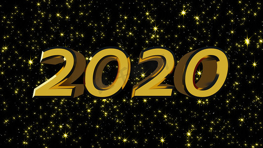 2020 年金光闪闪的文字，有许多星星，新年假期的现代背景，3d 计算机生成的背景