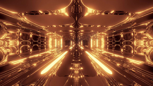 未来派科幻幻想外星人机库隧道走廊与热金属 3d 渲染背景壁纸