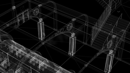 3d 渲染-工业建筑的线框模型