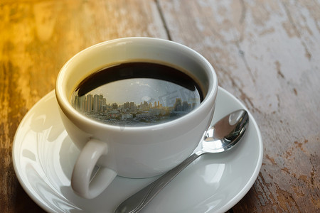 阳光明媚的早晨和喝咖啡的城市