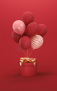气球和礼物有红色背景，3D 渲染。