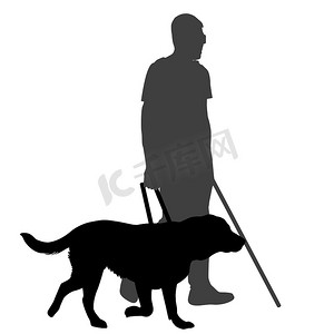 拄着拐杖和导盲犬的盲人
