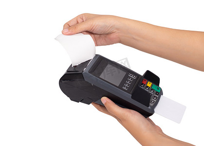 在销售点终端从信用卡刷卡机关闭商户手拆分收据纸，剪切路径包括