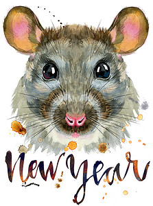 老鼠的水彩画，上面刻有新年和飞溅的铭文