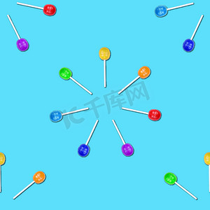 圆圈棒棒糖摄影照片_彩色棒棒糖的无缝图案分组在蓝色背景上隔离的圆圈中。