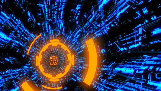 3D 数字电路系统隧道和波浪，中间有数字圆圈，橙蓝色主题背景 Ver.3