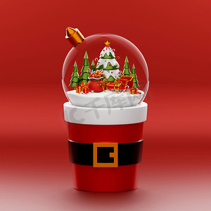 红色背景圣诞老人杯上的圣诞球，3D 插图