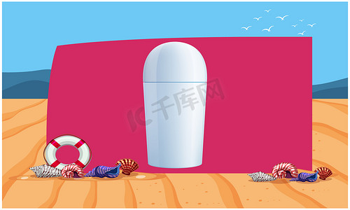 海滩边横幅广告上美容产品的模拟插图