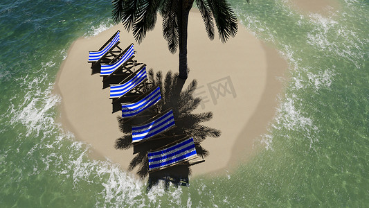 海滩伞摄影照片_阳光明媚的日子和棕榈树旁的海滩伞下的椅子 — 3D渲染