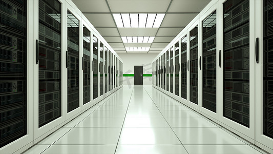 数据中心现代服务器机房内部、网络和互联网电信技术、大数据存储和云服务概念、3d 渲染