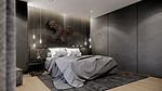 带双人床的现代卧室室内设计，3D 渲染背景