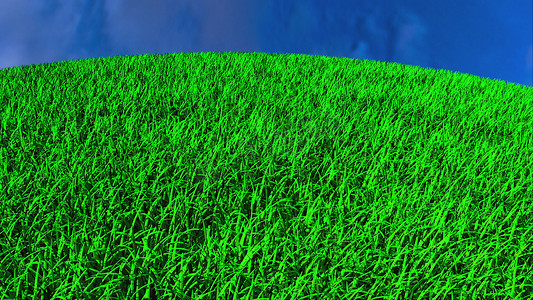 计算机生成的抽象背景在绿草和天空的圆形表面上快速运行。