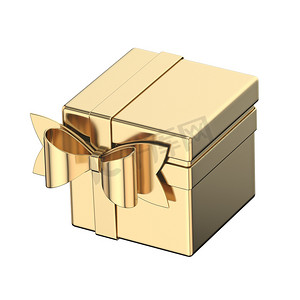 带侧丝带蝴蝶结的立方体金色礼盒 3D