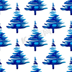 圣诞可爱元素摄影照片_圣诞水彩松树无缝图案蓝色。
