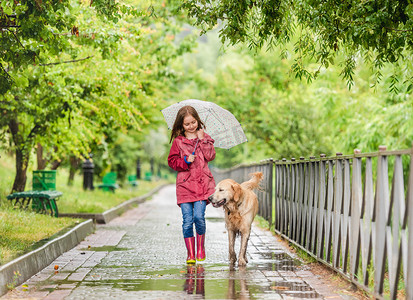 小女孩带着狗在雨中行走