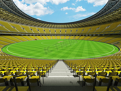 免vip摄影照片_美丽的现代大型圆形板球场，配有亮黄色座位和 VIP 包厢