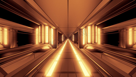 干净的未来派科幻空间机库隧道走廊与热发光金属 3d 插图背景墙纸设计
