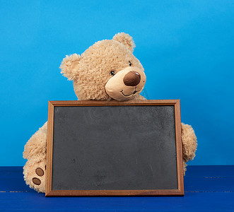 矩形框蓝色摄影照片_棕色泰迪熊和空木矩形框