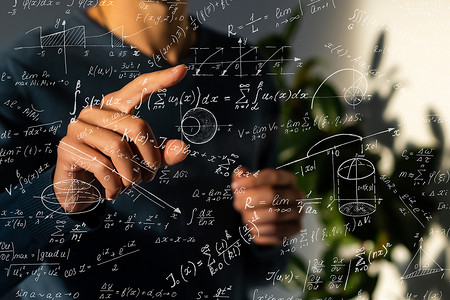 一系列数学表达式和一只手指指向公式的图像。