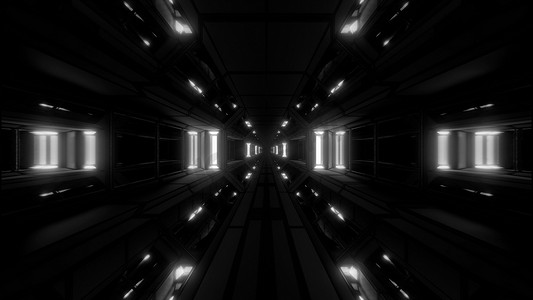 3d房间壁纸摄影照片_黑暗干净的未来派科幻空间机库隧道走廊与酷反射灯 3d 插图背景墙纸设计