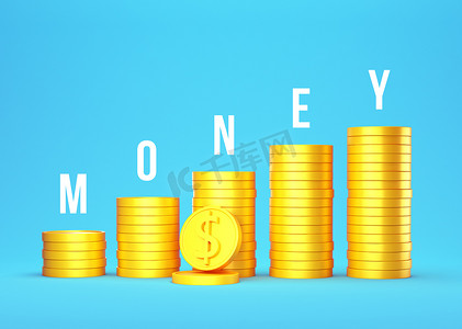 3D 金币堆叠在蓝色背景上，带有文本金钱、网页横幅的美元硬币图标和移动应用程序 3D 渲染插图。
