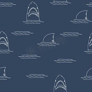 鲨鱼无缝图案，手绘素描涂鸦鲨鱼，矢量图