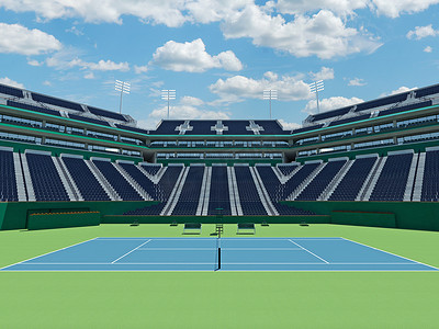 美丽的现代开放式硬地网球场，配有海军蓝色座椅和 VIP 包厢，可容纳一万五千名球迷