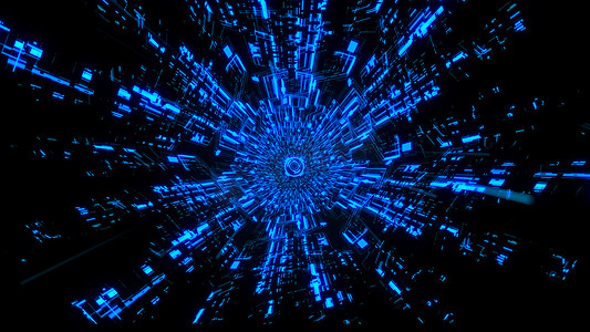 蓝色主题背景 Ver.1 中间带有数字圆圈的 3D 数字电路系统隧道和波浪