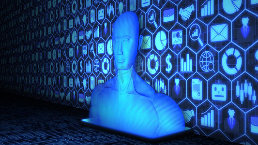 8K 3D 渲染 AI/人类全息图从智能手机投射到地板上，地板上有商业和技术图标集背景和随机二进制代码