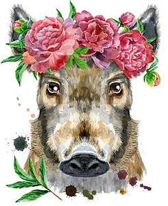 野猪与花的水彩肖像