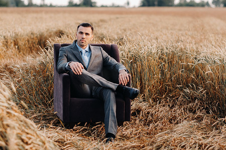 一位身穿灰色西装、打着领带的商人坐在麦田椅子上的肖像