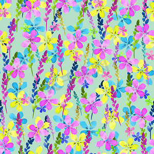 水彩风格花卉摄影照片_无缝花卉图案与水彩蓝色粉红色黄色花朵和叶子复古风格的背景。 