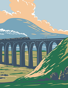 英格兰约克郡山谷国家公园巴蒂莫斯或 Ribblehead 高架桥上铁路上的蒸汽火车英国装饰艺术 WPA 海报艺术