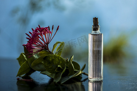 在透明玻璃瓶中用提取的喷雾或香水在木质表面上关闭红色五角花或埃及星花或茉莉花。