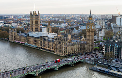 英国伦敦和泰晤士河的鸟瞰图