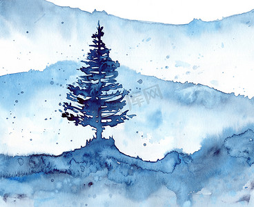 水彩冬季雪森林和蓝色背景。