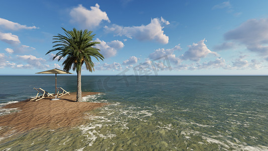 阳光明媚的日子和棕榈树旁的海滩伞下的椅子 — 3D渲染