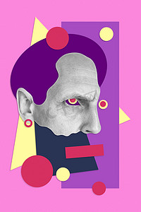 拼贴画以超现实的波普艺术风格细节阴沉的男性面孔。
