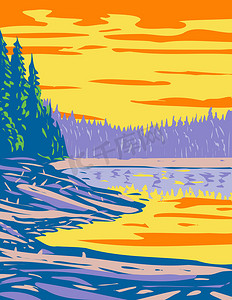 美国蒙大拿州黄石国家公园峡谷部分的丝带湖 WPA 海报艺术