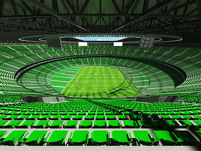 大型美丽的现代橄榄球体育场，配有绿色座椅和 VIP 包厢